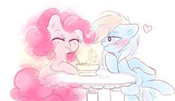 Size: 5000x2881 | Tagged: safe, artist:pinkablue, imported from derpibooru, pinkie pie, rainbow dash, earth pony, pegasus, pony, bendy straw, blushing, drinking straw, eyes closed, female, food, happy, heart, ice cream, lesbian, mare, pinkiedash, shipping, sitting, smiling, straw, table