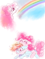 Size: 5000x6579 | Tagged: safe, artist:pinkablue, imported from derpibooru, pinkie pie, rainbow dash, earth pony, pegasus, pony, absurd resolution, blushing, cute, eye shimmer, female, hug, hug from behind, lesbian, mare, pinkie pie riding rainbow dash, pinkiedash, ponies riding ponies, rainbow, riding, shipping