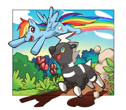 Size: 838x732 | Tagged: safe, artist:oldwu, imported from derpibooru, rainbow dash, blitzle, pegasus, pony, bush, crossover, duo, female, flying, grass, mare, pokémon, running