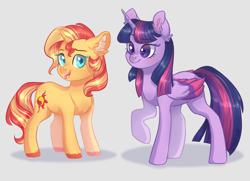 Size: 1024x741 | Tagged: safe, artist:sannykat, imported from derpibooru, sunset shimmer, twilight sparkle, alicorn, pony, unicorn, colored wings, cute, duo, female, mare, multicolored wings, shimmerbetes, smiling, twiabetes, twilight sparkle (alicorn), unshorn fetlocks, wings