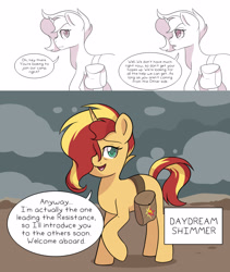 Size: 2400x2841 | Tagged: safe, artist:little-tweenframes, deleted from derpibooru, imported from derpibooru, sunset shimmer, pony, unicorn, comic:spiraling together, alternate hairstyle, alternate universe, comic, saddle bag, sunjackspiral