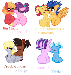 Size: 698x740 | Tagged: safe, artist:semlandraw, imported from derpibooru, big macintosh, derpy hooves, flash sentry, starlight glimmer, sugar belle, sunset shimmer, trixie, trouble shoes, pegasus, pony, unicorn, alternate hairstyle, base used, beard, blushing, derpyshoes, facial hair, female, flashimmer, kissing, lesbian, male, mare, misspelling, shipping, stallion, startrix, straight, sugarmac, trouble hooves