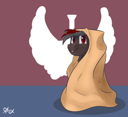 Size: 2500x2300 | Tagged: safe, artist:omegapex, imported from derpibooru, oc, oc only, oc:soren nightsky, pegasus, pony, :p, blanket, blanket burrito, colored pupils, male, signature, silly, simple background, solo, stallion, tongue out