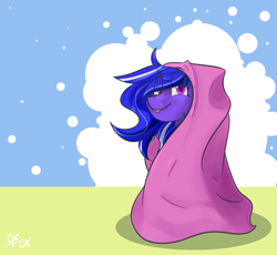 Size: 2500x2300 | Tagged: safe, artist:omegapex, imported from derpibooru, oc, oc only, :p, blanket, blanket burrito, blue hair, silly, solo, tongue out