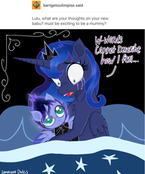 Size: 2067x2480 | Tagged: safe, artist:darkest-lunar-flower, imported from derpibooru, princess luna, tantabus, oc, oc:somnium dulcis, blushing, female, magical parthenogenic spawn, maternaluna, mother and daughter, offspring, parent:princess luna, pillow, stars