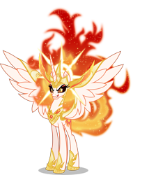 Size: 6000x6996 | Tagged: safe, artist:orin331, imported from derpibooru, daybreaker, nightmare star, alicorn, pony, absurd resolution, armor, dragon ball, dragon ball super, enterplay, female, fusion, mane of fire, merchandise, merged daybreaker, merged zamasu, phoenix amulet, simple background, smiling, solo, the inferno has been doubled, this will end in fire, trading card game, transparent background, two flaming sunponies, zamasu