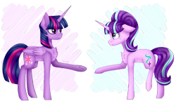 Size: 3467x1992 | Tagged: safe, artist:kremciakay, imported from derpibooru, starlight glimmer, twilight sparkle, alicorn, pony, unicorn, crying, female, looking at each other, mare, reaching, reaching out, simple background, smiling, transparent background, twilight sparkle (alicorn)