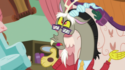 Size: 1280x720 | Tagged: safe, imported from derpibooru, screencap, discord, discordant harmony, cactus, chair, clothes, glasses, male, solo, sweater