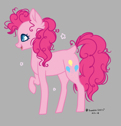 Size: 1130x1176 | Tagged: safe, artist:lceiandic, imported from derpibooru, pinkie pie, earth pony, pony, dock, female, gray background, one hoof raised, open mouth, raised hoof, signature, simple background, smiling, solo