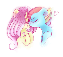 Size: 3969x3642 | Tagged: safe, artist:pinkablue, imported from derpibooru, fluttershy, rainbow dash, pegasus, pony, unicorn, leak, spoiler:g5, blushing, bust, duo, embarrassed, eyes closed, female, flutterdash, fluttershy (g5 concept leak), fluttershy (g5), g5, g5 concept leak style, g5 concept leaks, hair over one eye, heart, kissing, lesbian, mare, rainbow dash (g5 concept leak), rainbow dash (g5), raised hoof, shipping, simple background, unicorn fluttershy, white background