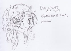 Size: 1280x932 | Tagged: safe, artist:dilarus, deleted from derpibooru, imported from derpibooru, tree hugger, earth pony, pony, bandana, bust, dreadlocks, female, grayscale, mare, monochrome, simple background, sketch, solo, traditional art