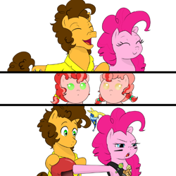 Size: 600x597 | Tagged: safe, artist:gamblingfoxinahat, imported from derpibooru, boneless, boneless 2, cheese sandwich, pinkie pie, oc, oc:topsy, oc:turvy, pony, baby cakes, baby, baby pony, bedtime, cheesepie, comic, dialogue in the comments, female, funny, happy, helmet, male, offspring, parent:cheese sandwich, parent:pinkie pie, parents:cheesepie, plushie, shipping, simple background, straight, teddy bear, this is gonna suck, white background