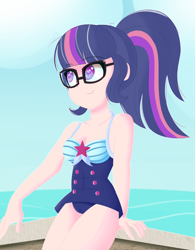 Size: 1326x1696 | Tagged: safe, artist:pastelhorses, imported from derpibooru, sci-twi, twilight sparkle, equestria girls, equestria girls series, forgotten friendship, clothes, cute, female, ocean, solo, swimsuit, twiabetes