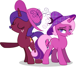 Size: 10024x8955 | Tagged: safe, artist:illumnious, imported from derpibooru, oc, oc only, oc:aura midnight, oc:flares midnight, pony, unicorn, absurd resolution, eyes closed, female, hat, lidded eyes, mare, raised hoof, simple background, smiling, transparent background, vector