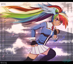 Size: 4000x3500 | Tagged: safe, artist:aloubell, imported from derpibooru, rainbow dash, human, clothes, female, head wings, humanized, moe, pleated skirt, ponytail, running, school uniform, skirt, socks, solo, thigh highs, thighs, wing ears