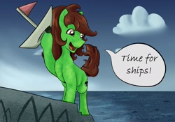 Size: 1280x896 | Tagged: safe, artist:chrisgotjar, imported from derpibooru, oc, oc only, oc:chrisgotjar, boat, cloud, dialogue, ocean, rock, sky, solo, speech bubble