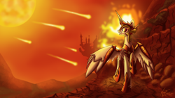 Size: 4096x2304 | Tagged: safe, artist:nightpaint12, imported from derpibooru, daybreaker, alicorn, pony, apocalypse, bad end, canterlot, female, helmet, looking back, mane of fire, mare, meteor, silhouette, smiling, solo