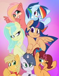 Size: 816x1048 | Tagged: safe, artist:heidigamesxd, imported from derpibooru, oc, oc only, oc:apple leaf, oc:caramel applepie, oc:emerald, oc:galaxy nova, oc:rainbolt, oc:sweet cake, oc:thorn star, changepony, dracony, earth pony, hybrid, pegasus, pony, bandaid, bandaid on nose, base used, female, freckles, gradient background, interspecies offspring, mare, next generation, offspring, parent:applejack, parent:big macintosh, parent:caramel, parent:cheese sandwich, parent:flash sentry, parent:fluttershy, parent:pinkie pie, parent:rainbow dash, parent:rarity, parent:soarin', parent:spike, parent:starlight glimmer, parent:thorax, parent:twilight sparkle, parents:carajack, parents:cheesepie, parents:flashlight, parents:fluttermac, parents:glimax, parents:soarindash, parents:sparity