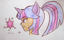 Size: 3120x1972 | Tagged: safe, artist:aloubell, imported from derpibooru, twilight sparkle, human, bust, eared humanization, female, horned humanization, humanized, ponytail, portrait, solo, traditional art