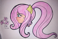 Size: 3098x2092 | Tagged: safe, artist:aloubell, imported from derpibooru, fluttershy, human, bust, eared humanization, female, humanized, ponytail, portrait, solo, traditional art