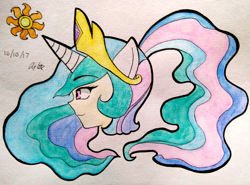 Size: 3115x2301 | Tagged: safe, artist:aloubell, imported from derpibooru, princess celestia, human, bust, eared humanization, female, horned humanization, humanized, ponytail, portrait, solo, traditional art