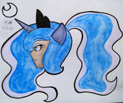 Size: 3113x2629 | Tagged: safe, artist:aloubell, imported from derpibooru, princess luna, human, bust, eared humanization, female, horned humanization, humanized, ponytail, portrait, solo, traditional art