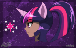 Size: 3120x1972 | Tagged: safe, artist:aloubell, imported from derpibooru, twilight sparkle, human, bust, eared humanization, horned humanization, humanized, ponytail, portrait