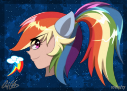 Size: 3010x2151 | Tagged: safe, artist:aloubell, imported from derpibooru, rainbow dash, human, bust, eared humanization, humanized, ponytail, portrait