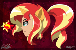 Size: 3113x2062 | Tagged: safe, artist:aloubell, imported from derpibooru, sunset shimmer, human, bust, eared humanization, horned humanization, humanized, ponytail, portrait