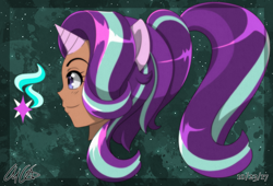 Size: 3122x2121 | Tagged: safe, artist:aloubell, imported from derpibooru, starlight glimmer, human, bust, eared humanization, horned humanization, humanized, ponytail, portrait