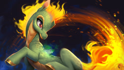 Size: 1920x1080 | Tagged: safe, artist:imalou, imported from derpibooru, tianhuo, longma, them's fightin' herds, community related, female, fire, fur, mane of fire, scales, smiling, solo, tail, tail of fire, tianhuo (tfh), unshorn fetlocks, wallpaper