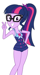 Size: 3111x5768 | Tagged: safe, artist:keronianniroro, imported from derpibooru, sci-twi, twilight sparkle, equestria girls, equestria girls series, forgotten friendship, adorasexy, adorkable, clothes, cute, dork, female, glasses, grin, looking at you, meganekko, one-piece swimsuit, peace sign, ponytail, sci-twi swimsuit, sexy, simple background, smiling, solo, swimsuit, transparent background, twiabetes, vector