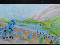 Size: 4128x3096 | Tagged: safe, artist:ironbeastz, imported from derpibooru, princess luna, pony, balcony, female, high res, lake, solo, traditional art