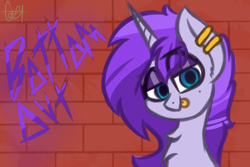 Size: 1500x1000 | Tagged: safe, artist:claudearts, imported from derpibooru, oc, oc only, oc:bottom out, unicorn, :p, bedroom eyes, brick wall, chest fluff, ear piercing, earring, eyeshadow, fluffy, graffiti, jewelry, makeup, mole, piercing, silly, solo, tongue out