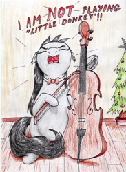 Size: 2460x3366 | Tagged: safe, artist:40kponyguy, derpibooru exclusive, imported from derpibooru, octavia melody, earth pony, pony, annoyed, bipedal, bowtie, cello, christmas, christmas tree, eyes closed, female, floppy ears, holiday, musical instrument, solo, traditional art, tree, wooden floor