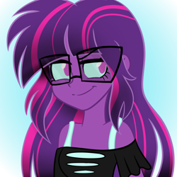 Size: 600x600 | Tagged: safe, artist:wubcakeva, imported from derpibooru, sci-twi, twilight sparkle, equestria girls, casual, causal midnight sparkle, clothes, female, glasses, long hair, midnight sparkle, smug, solo, tanktop