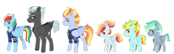 Size: 1918x600 | Tagged: safe, artist:whalepornoz, imported from derpibooru, rainbow dash, thunderlane, oc, oc:rapidfire, oc:starcatcher, oc:thunderbolt, oc:wildstrokes, pegasus, pony, clothes, colt, female, filly, glasses, goggles, line-up, male, mare, offspring, parent:lightning streak, parent:rainbow dash, parent:thunderlane, parents:thunderdash, police officer, police uniform, simple background, stallion, transparent background, triplets, uniform, wonderbolts dress uniform