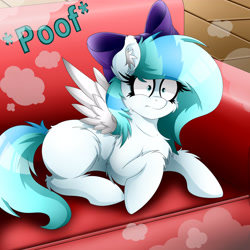 Size: 4200x4200 | Tagged: safe, artist:colarix, imported from derpibooru, oc, oc only, oc:colarix, pegasus, pony, :t, absurd resolution, ask, bow, chest fluff, confused, couch, cute, ear fluff, female, filly, fluffy, frown, furniture, hair bow, leg fluff, prone, ribbon, shoulder fluff, sitting, smoke, solo, tumblr, wide eyes, younger