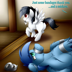 Size: 3000x3000 | Tagged: safe, artist:colarix, imported from derpibooru, oc, oc only, oc:johan, oc:prince blitzwing, bat pony, pegasus, pony, ask, bondage, butt, chest fluff, colt, duct tape, ear fluff, fangs, foal, gag, male, plot, scared, stallion, tape bondage, tape gag, tumblr, unshorn fetlocks