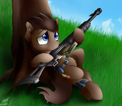 Size: 3136x2704 | Tagged: safe, artist:colarix, imported from derpibooru, oc, oc:blitzwing, gun, military pony, outdoors, tree, weapon