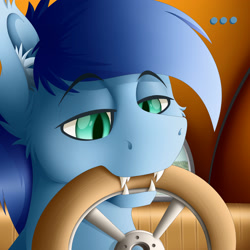 Size: 3000x3000 | Tagged: safe, artist:colarix, imported from derpibooru, oc, oc:johan, bat pony, ear fluff, fangs, steering wheel