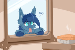 Size: 3050x2050 | Tagged: safe, artist:colarix, imported from derpibooru, oc, oc only, oc:johan, bat pony, ear fluff, food, pie, tongue out, unshorn fetlocks, window licking