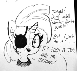 Size: 1320x1220 | Tagged: safe, artist:tjpones, imported from derpibooru, twilight sparkle, pony, unicorn, black and white, bust, dialogue, ear fluff, eyepatch, female, future twilight, grayscale, implied twilight sparkle, ink drawing, mare, monochrome, monster hunter, monster hunter world, offscreen character, open mouth, solo, time travel, traditional art