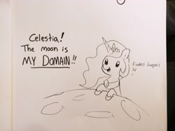 Size: 4160x3120 | Tagged: safe, artist:tjpones, imported from derpibooru, princess celestia, alicorn, pony, bitchlestia, black and white, dialogue, female, grayscale, implied princess luna, lineart, mare, monochrome, moon, offscreen character, simple background, solo, tangible heavenly object, traditional art