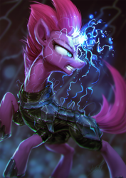 Size: 850x1200 | Tagged: safe, artist:assasinmonkey, imported from derpibooru, tempest shadow, pony, unicorn, my little pony: the movie, armor, broken horn, chromatic aberration, digital painting, electricity, eye scar, female, looking back, magic, mare, scar, solo, sparking horn