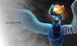 Size: 1500x914 | Tagged: safe, artist:seamaggie, imported from derpibooru, rainbow dash, pegasus, pony, alternate timeline, amputee, apocalypse dash, artificial wings, augmented, clothes, crystal war timeline, eye scar, female, large wings, looking at you, mare, mechanical wing, prosthetic limb, prosthetic wing, prosthetics, scar, solo, wallpaper, wings