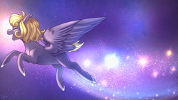 Size: 1280x720 | Tagged: safe, artist:nyfian, imported from derpibooru, oc, oc only, oc:dinkle twinkle, pegasus, pony, eyes closed, female, flying, galaxy, mare, open mouth, solo, space