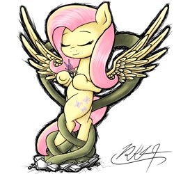 Size: 2000x2000 | Tagged: safe, artist:phoenixrk49, imported from derpibooru, fluttershy, butterfly, pegasus, pony, bipedal, eyes closed, female, mare, simple background, solo, spread wings, vine, white background, wings