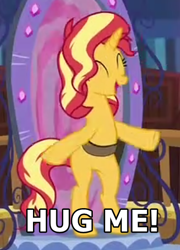 Size: 322x448 | Tagged: safe, edit, imported from derpibooru, sunset shimmer, pony, unicorn, equestria girls, equestria girls series, forgotten friendship, bipedal, bronybait, eyes closed, female, happy, hug request, image macro, meme, portal, strap, text, text edit, twilight's castle
