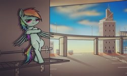 Size: 1800x1080 | Tagged: safe, artist:phoenixrk49, imported from derpibooru, rainbow dash, pegasus, pony, bipedal, city, female, ledge, looking at you, mailbox, mare, parking lot, smiling, solo, standing